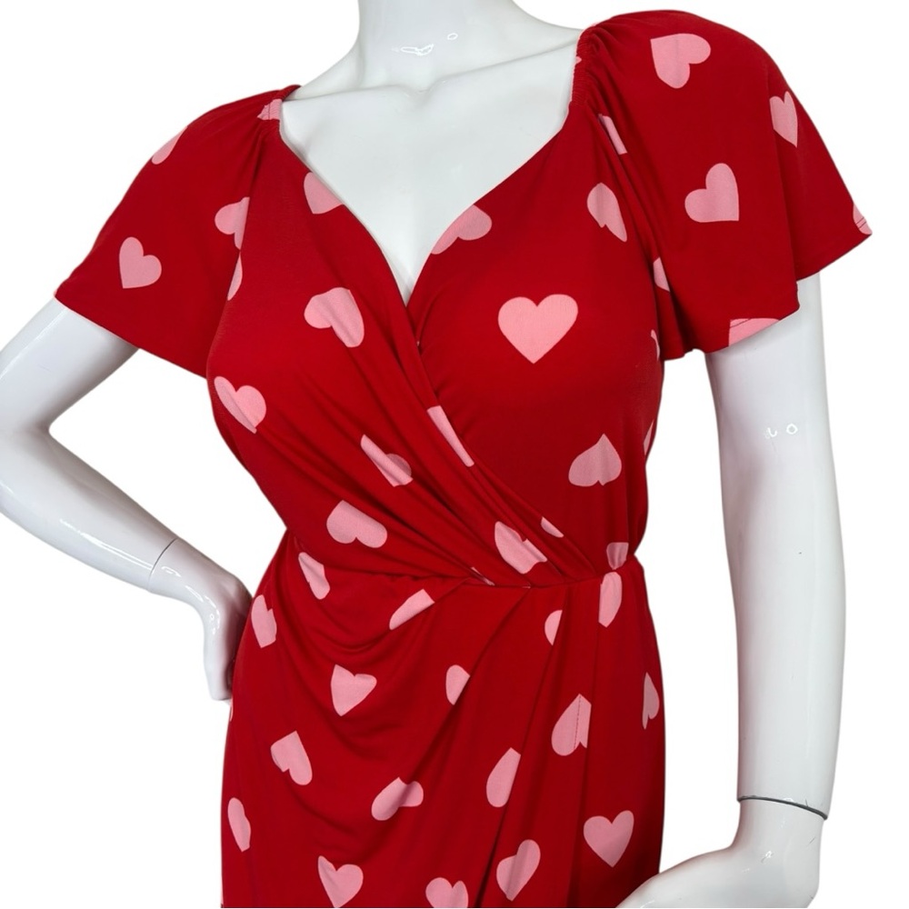 LANE BRYANT WOMEN'S RED PINK HEART FLUTTER SLEEVE FAUX-WRAP MAXI MID DRESS PLUS - Picture 11 of 12